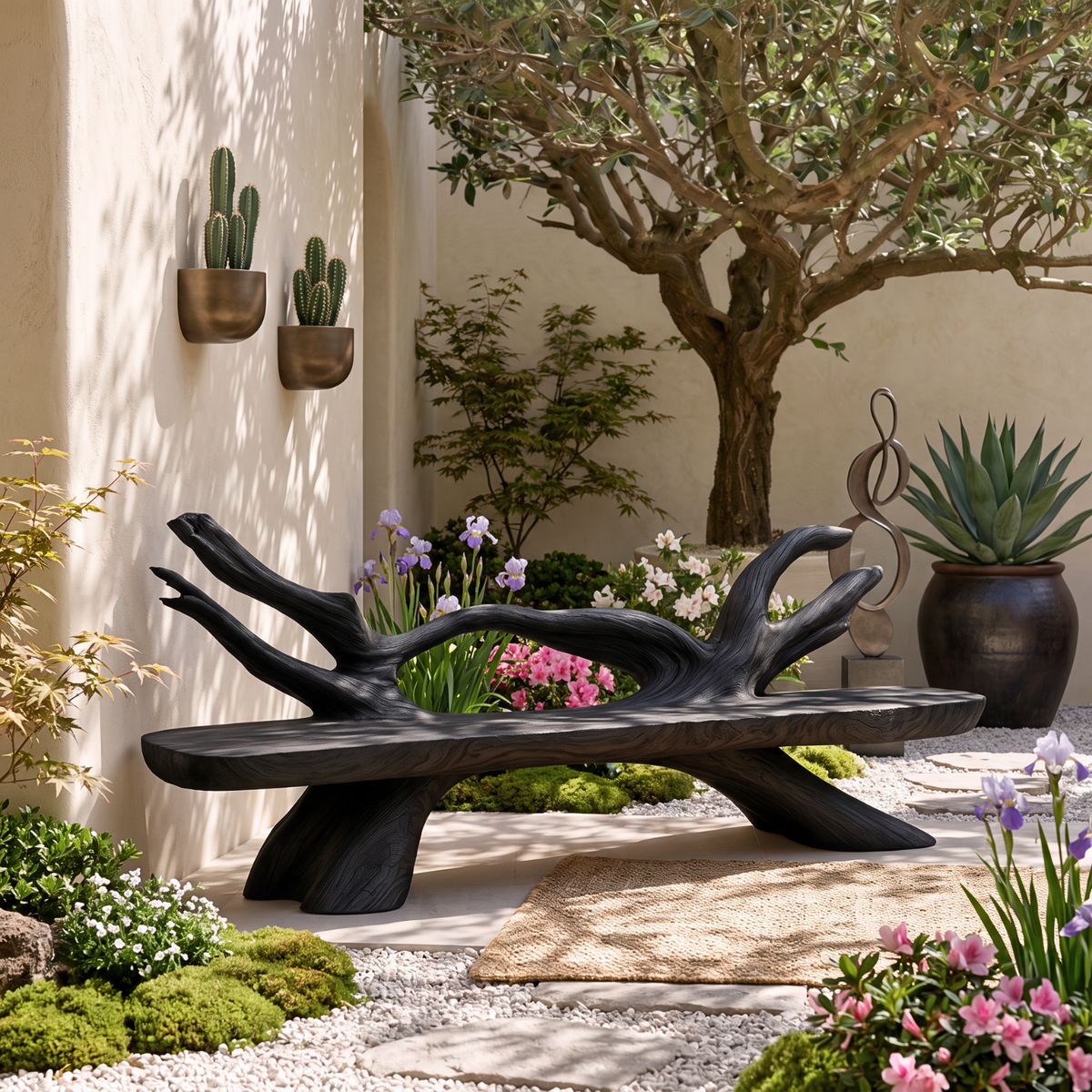 Organic Solid Wood Garden Bench with Sculptural Branch Backrest