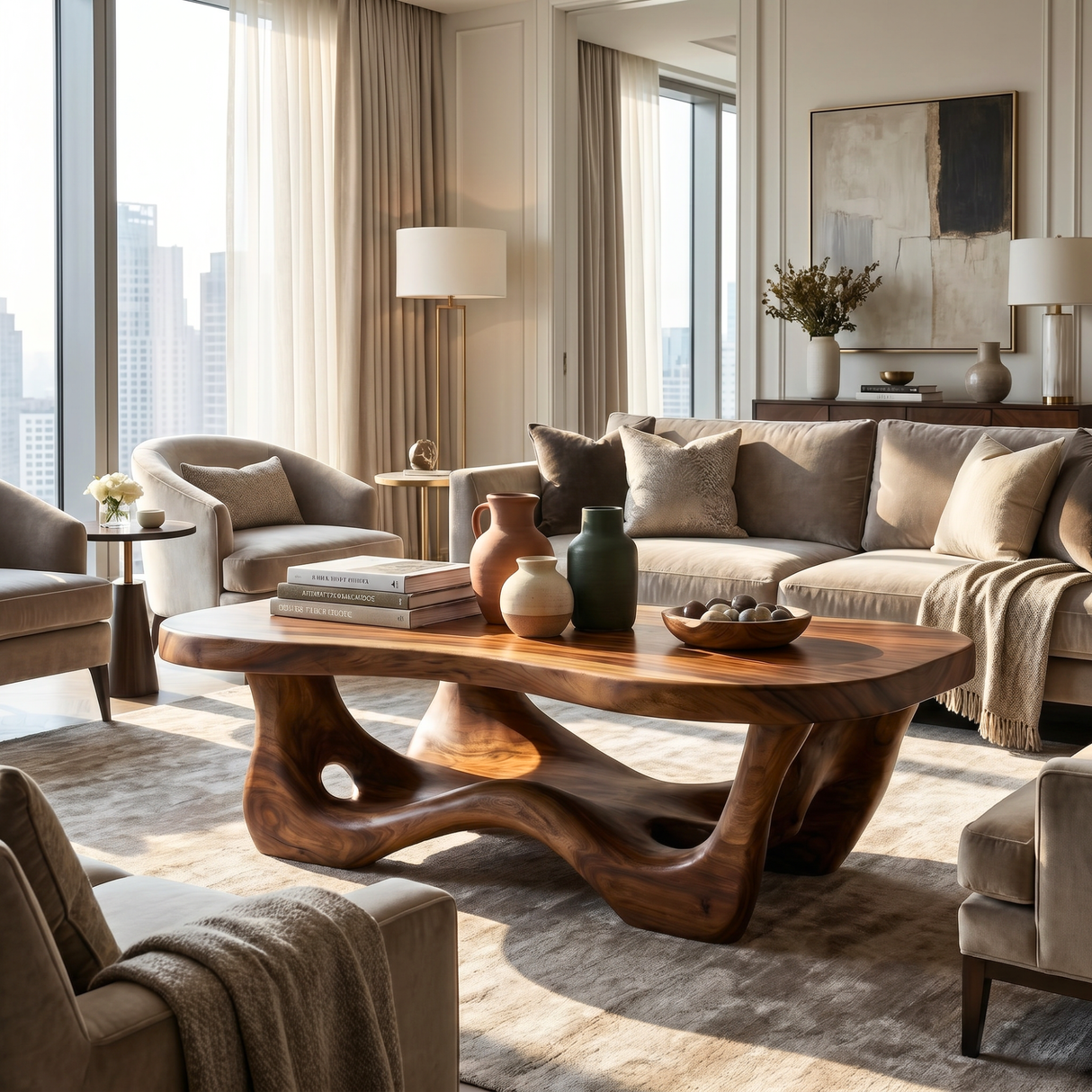 Organic Solid Wood Coffee Table with Flowing Sculptural Base and Soft Rounded Top