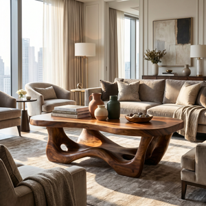 Organic Solid Wood Coffee Table with Flowing Sculptural Base and Soft Rounded Top