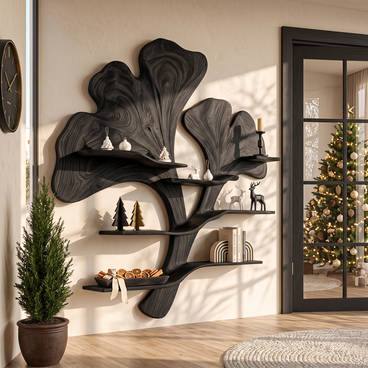 Sculptural Solid Wood Wall Shelf with Flowing Botanical Leaf Design