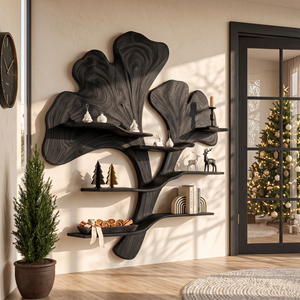 Sculptural Solid Wood Wall Shelf with Flowing Botanical Leaf Design