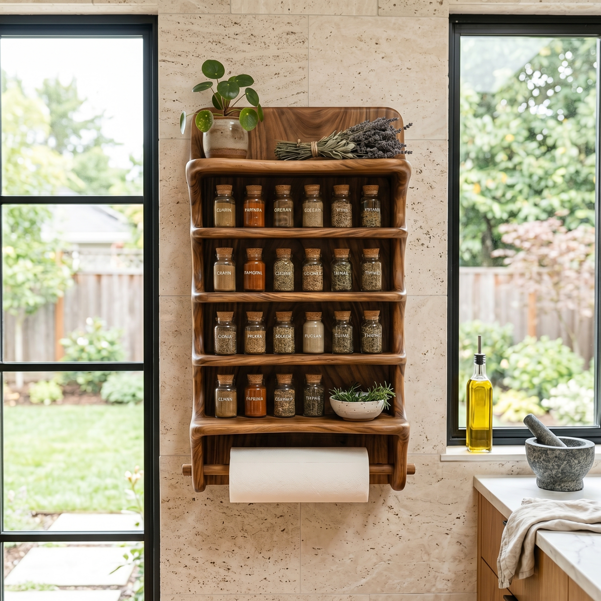 Solid Wood Wall Mounted Spice Organizer with Curved Shelves and Paper Towel Bar