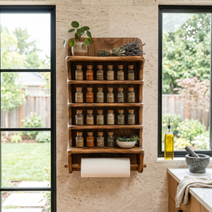 Solid Wood Wall Mounted Spice Organizer with Curved Shelves and Paper Towel Bar