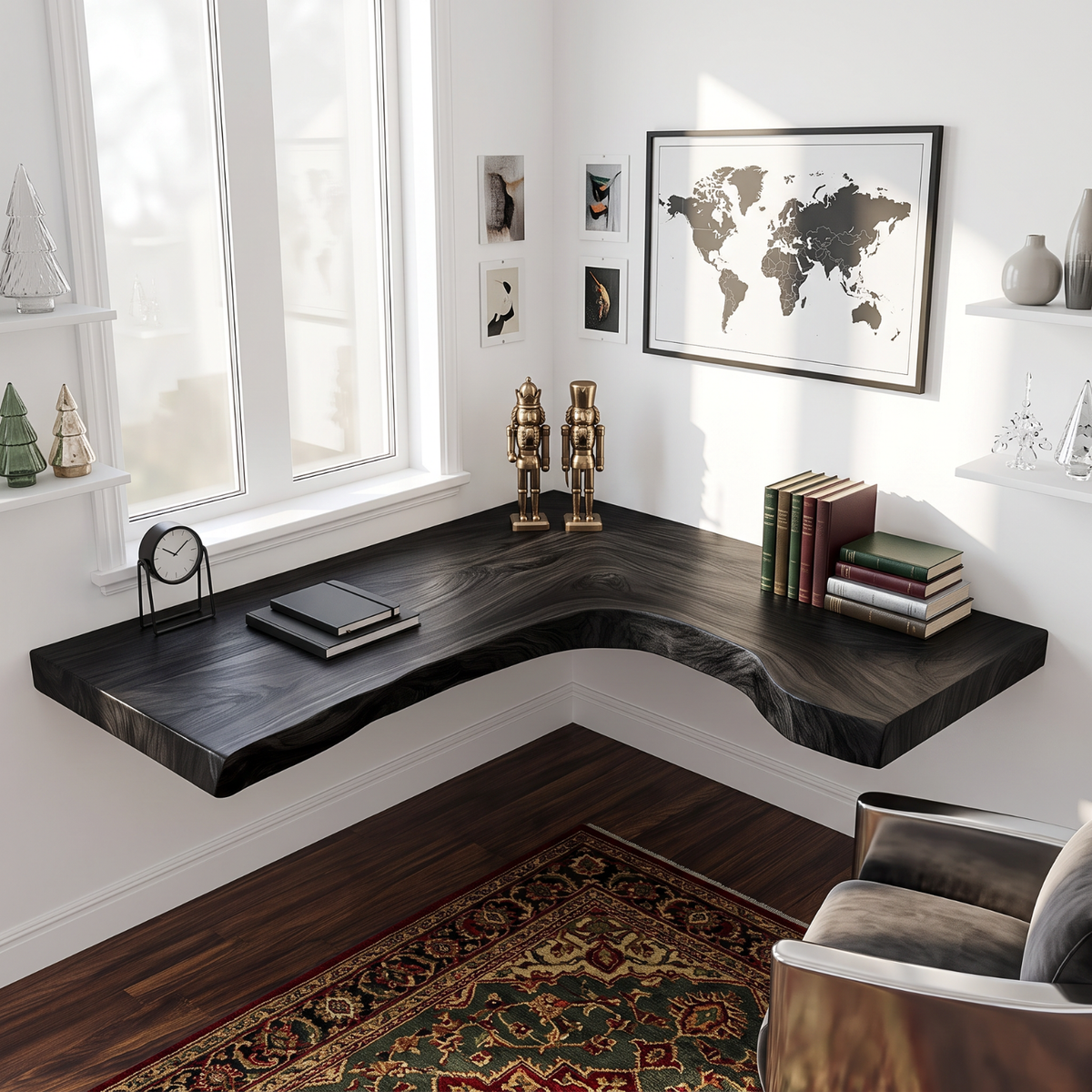 Live Edge Solid Wood Floating Desk with L Shaped Corner Design