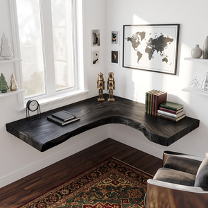 Live Edge Solid Wood Floating Desk with L Shaped Corner Design