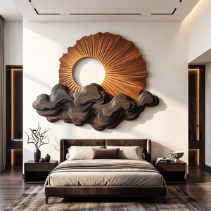 Wall Sculpture Solid Wood with Radiating Sun Design and Layered Dark Wave Clouds
