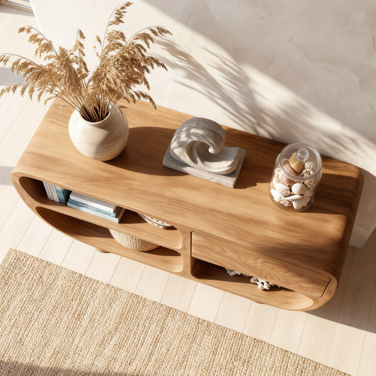 Solid Wood Sideboard with Rounded Open Shelves for Organic Modern Interiors