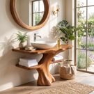 Solid Wood Bathroom Vanity with Sculptural Tree Base and Open Shelves