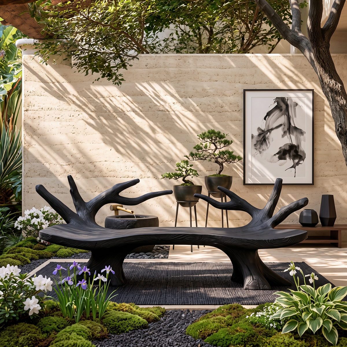 Branch Form Solid Wood Garden Bench with Sculptural Root Base