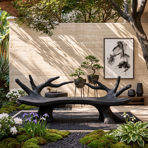 Branch Form Solid Wood Garden Bench with Sculptural Root Base