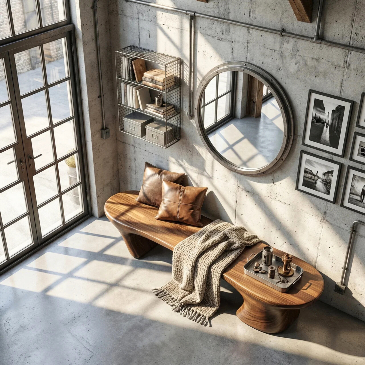 Organic Wood Bench with Sculptural Flared Pedestal Base for Modern Interiors