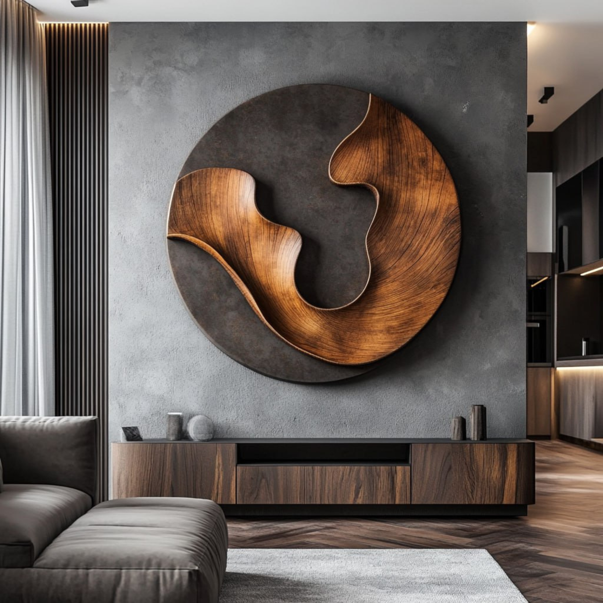 Abstract Round Wood Wall Sculpture with Interlocking Organic Forms