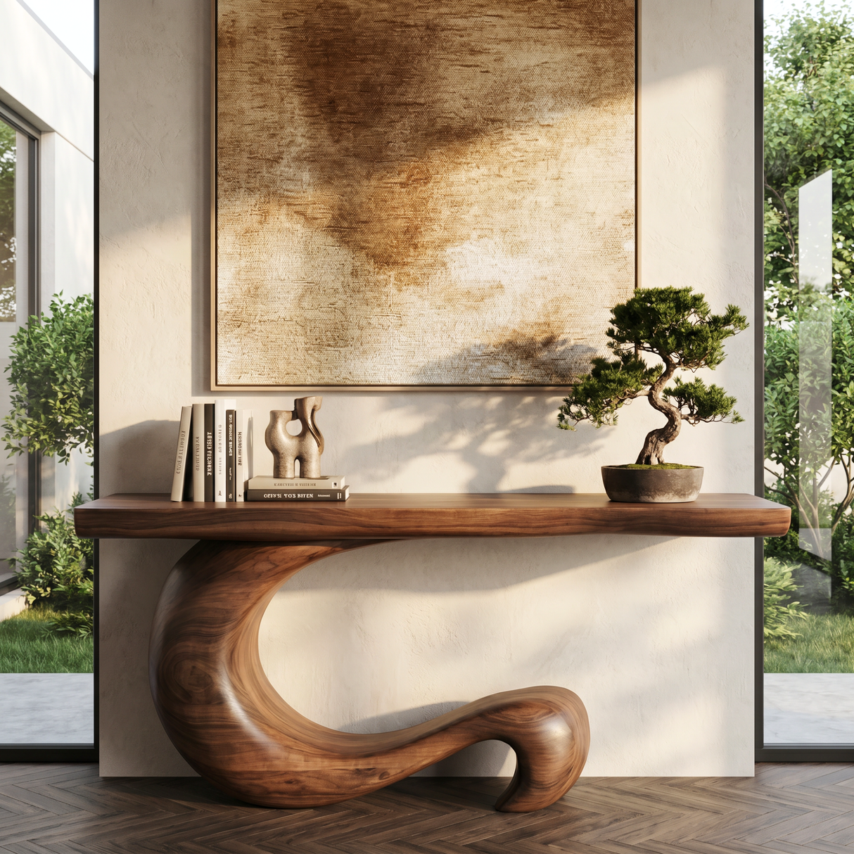 Console Table Solid Wood with Sculptural Curl Base for Entryway Decor