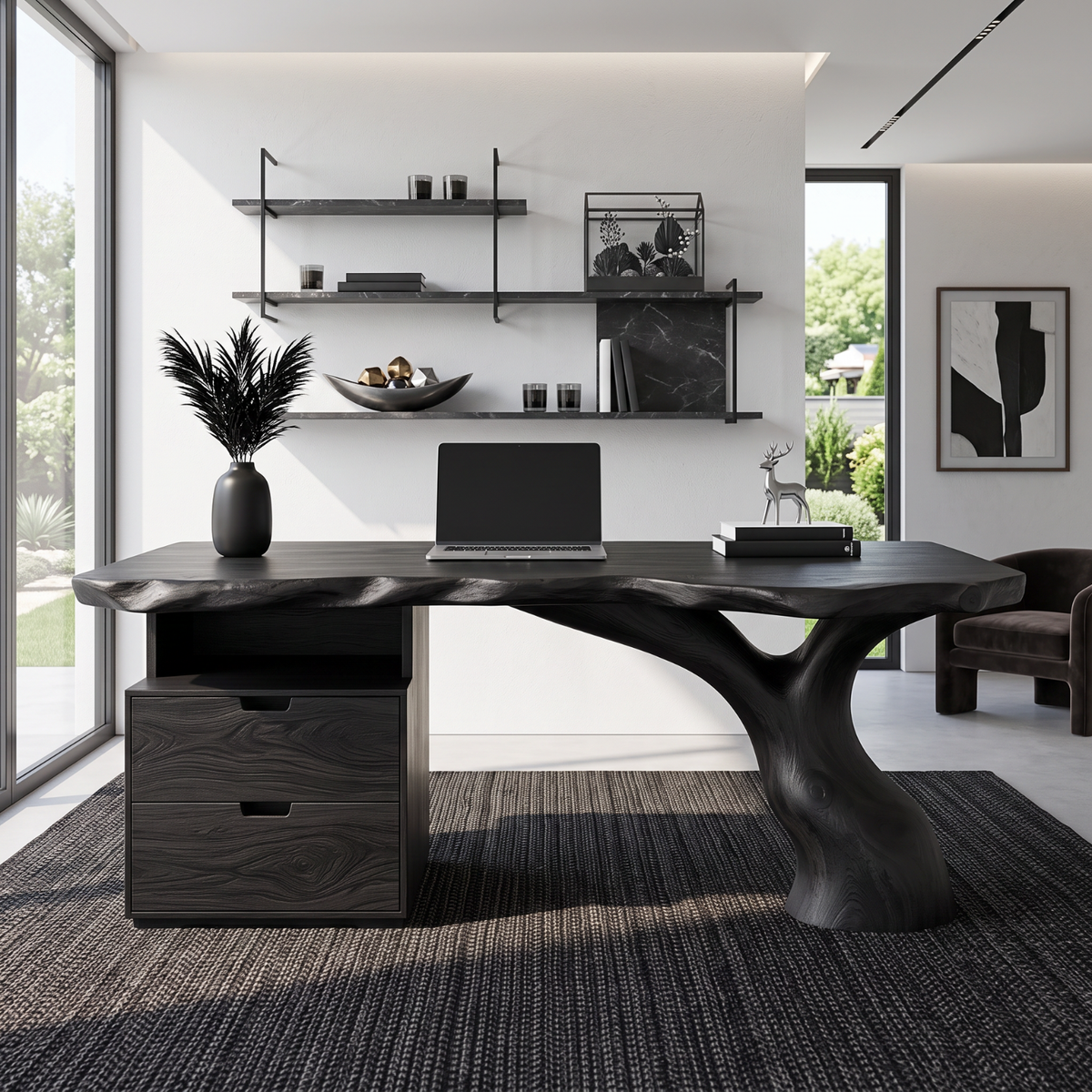 Live Edge Solid Wood Desk with Sculptural Tree Leg and Built In Drawer Cabinet