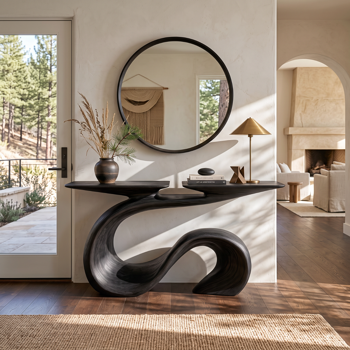 Organic Solid Wood Console Table with Sculptural Wave Base and Flowing S Curve Design