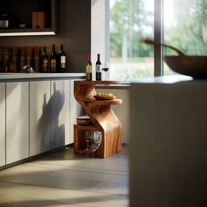 Solid Wood Curved Accent Table with Integrated Shelves for Modern Home