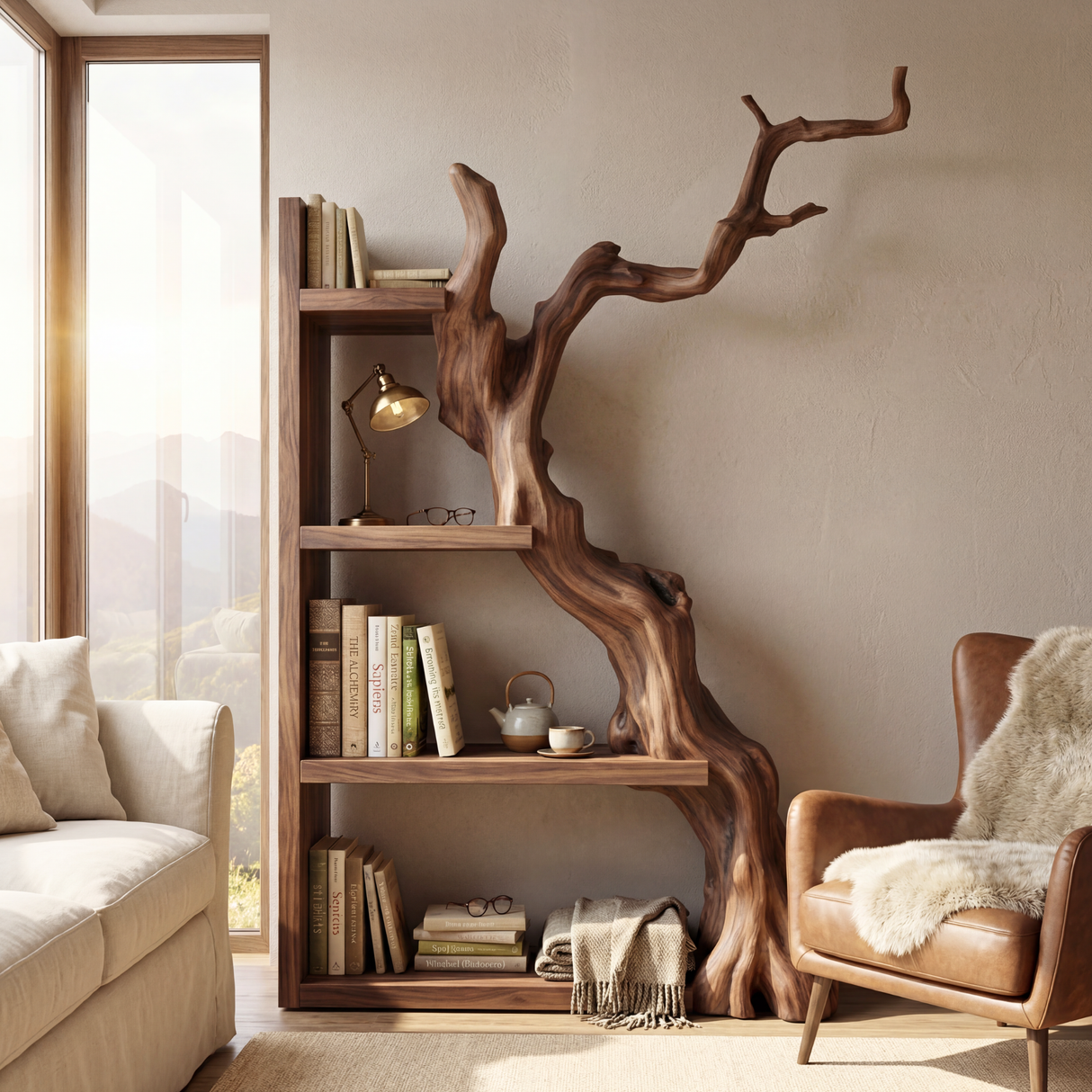 Vertical Solid Wood Bookshelf with Sculptural Tree Form Organic Modern Display Shelf
