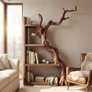 Vertical Solid Wood Bookshelf with Sculptural Tree Form Organic Modern Display Shelf