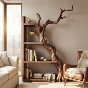 Vertical Solid Wood Bookshelf with Sculptural Tree Form Organic Modern Display Shelf
