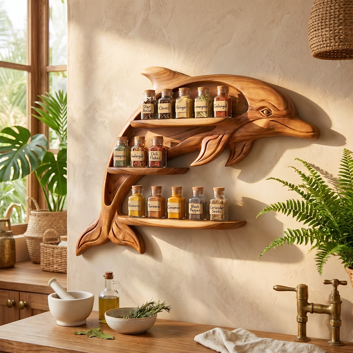 Sculptural Solid Wood Dolphin Spice Shelf with Staggered Wall Storage