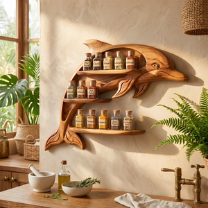 Sculptural Solid Wood Dolphin Spice Shelf with Staggered Wall Storage