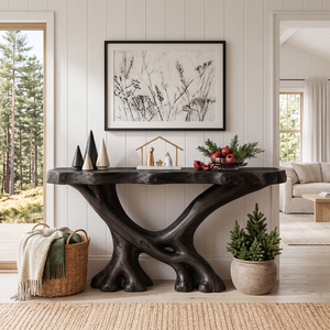 Rustic Solid Wood Console Table with Sculptural Crossed Branch Base