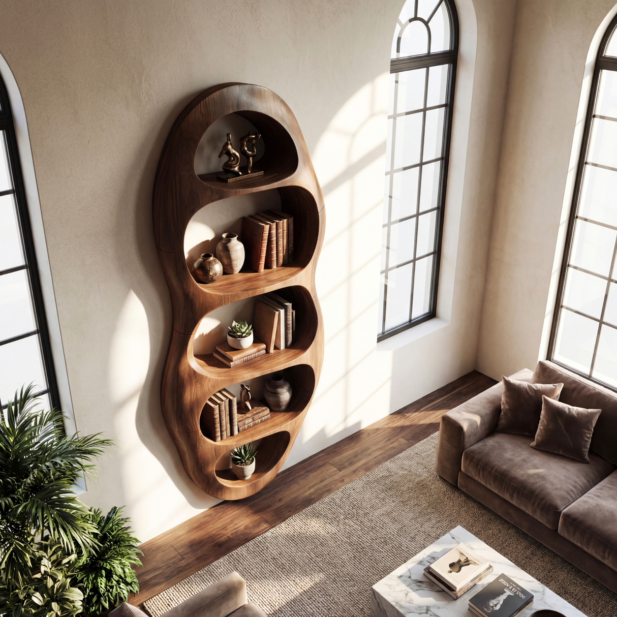 Vertical Organic Wood Bookcase with Sculpted Open Niches