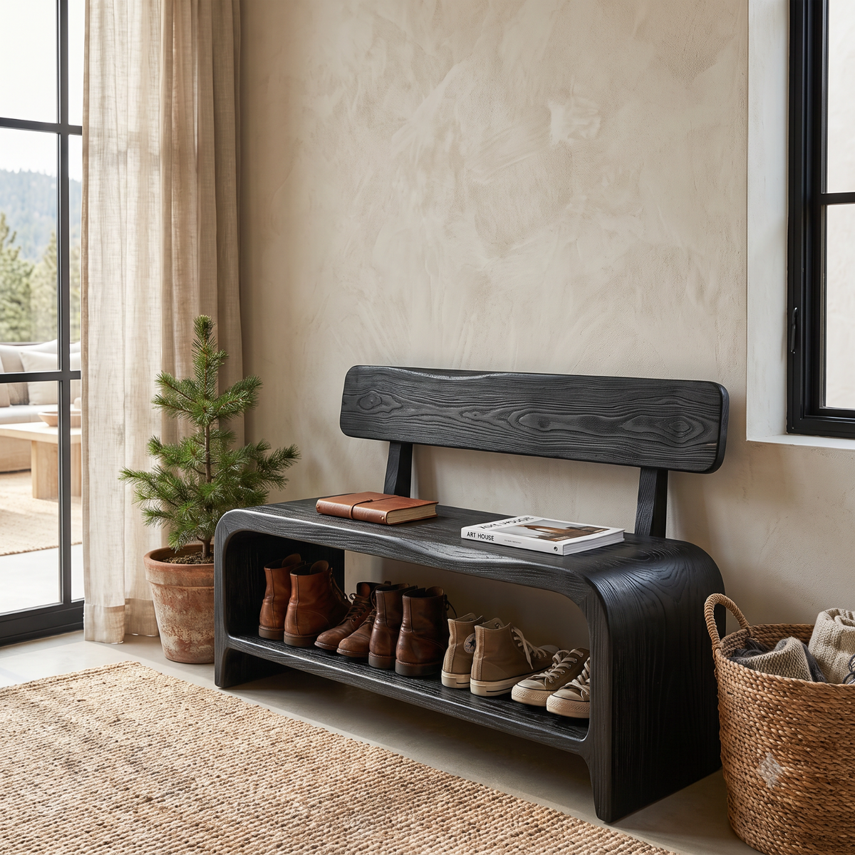 Shoe Bench Solid Wood with Backrest and Open Shoe Shelf for Entryway Storage