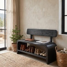 Shoe Bench Solid Wood with Backrest and Open Shoe Shelf for Entryway Storage