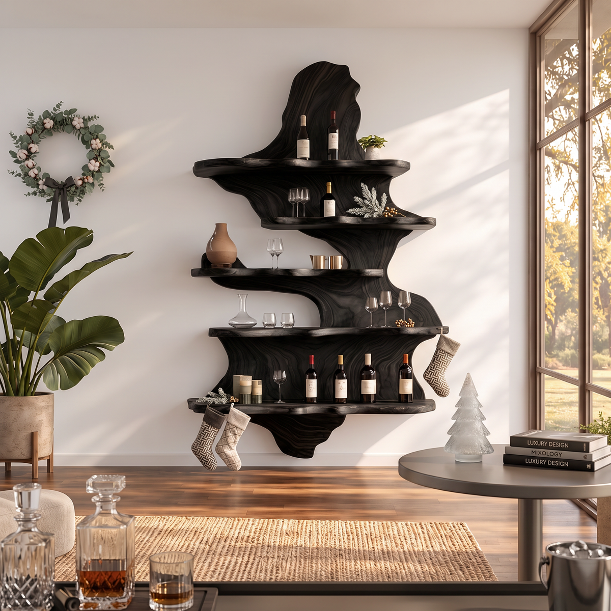 Sculptural Solid Wood Wine Rack with Tiered Floating Shelves
