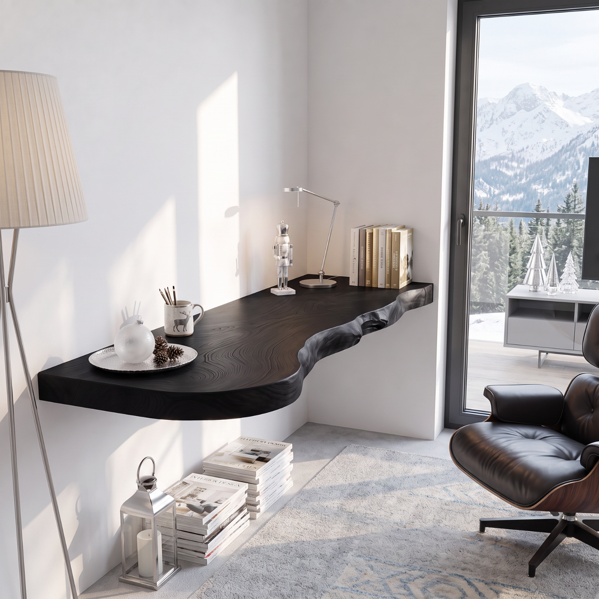 Live Edge Solid Wood Floating Desk with Organic Wall Mounted Design