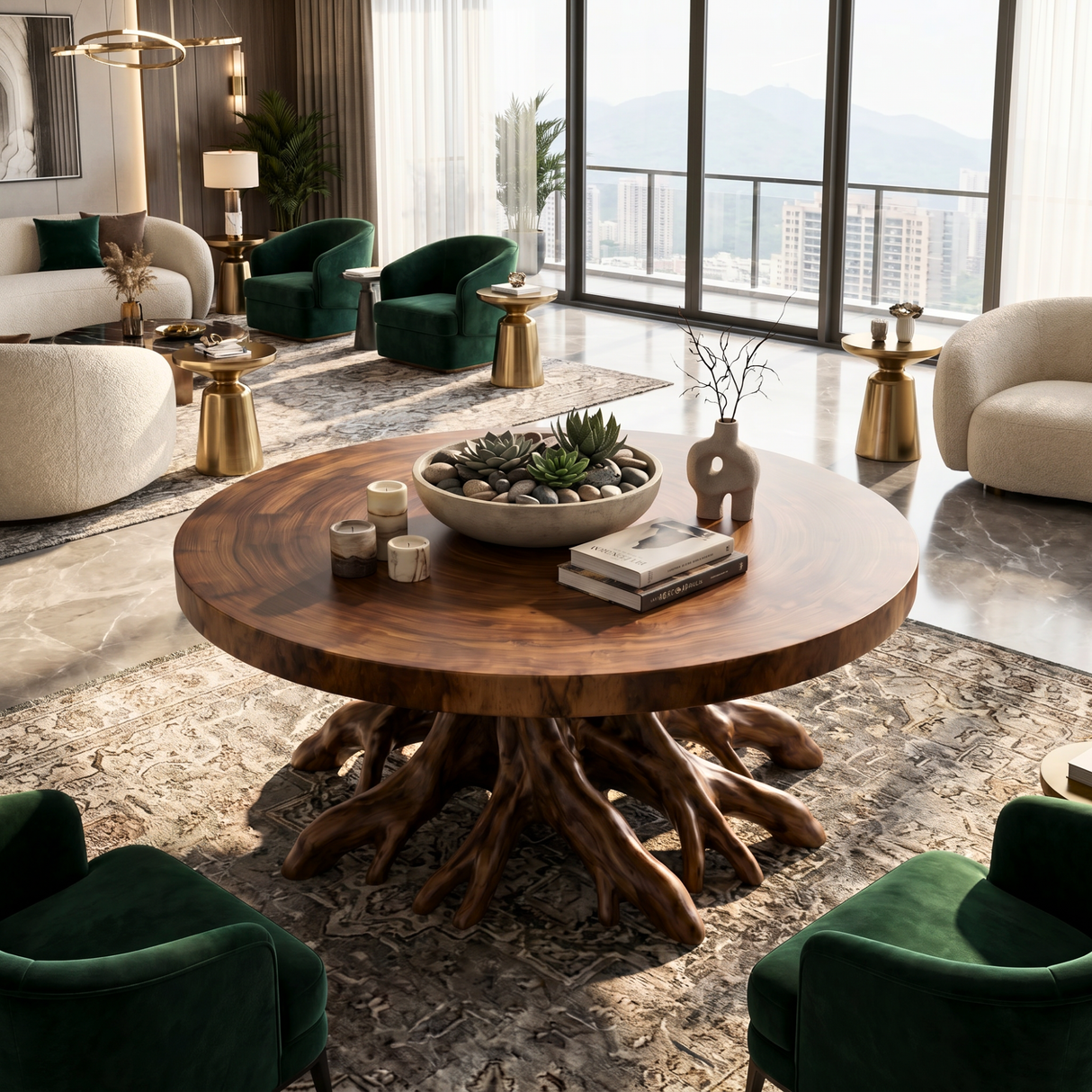 Round Solid Wood Coffee Table with Sculptural Root Base
