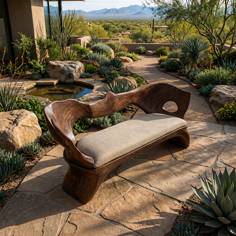 Sculptural Solid Wood Bench with Organic Carved Form