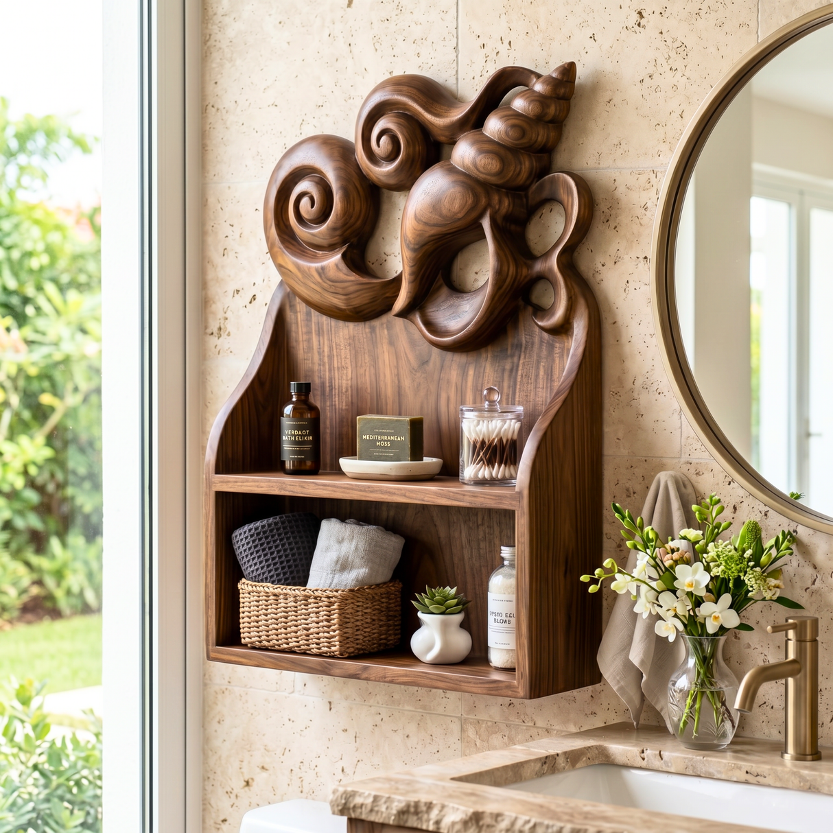 Seashell Carved Wood Wall Shelf for Bathroom Storage