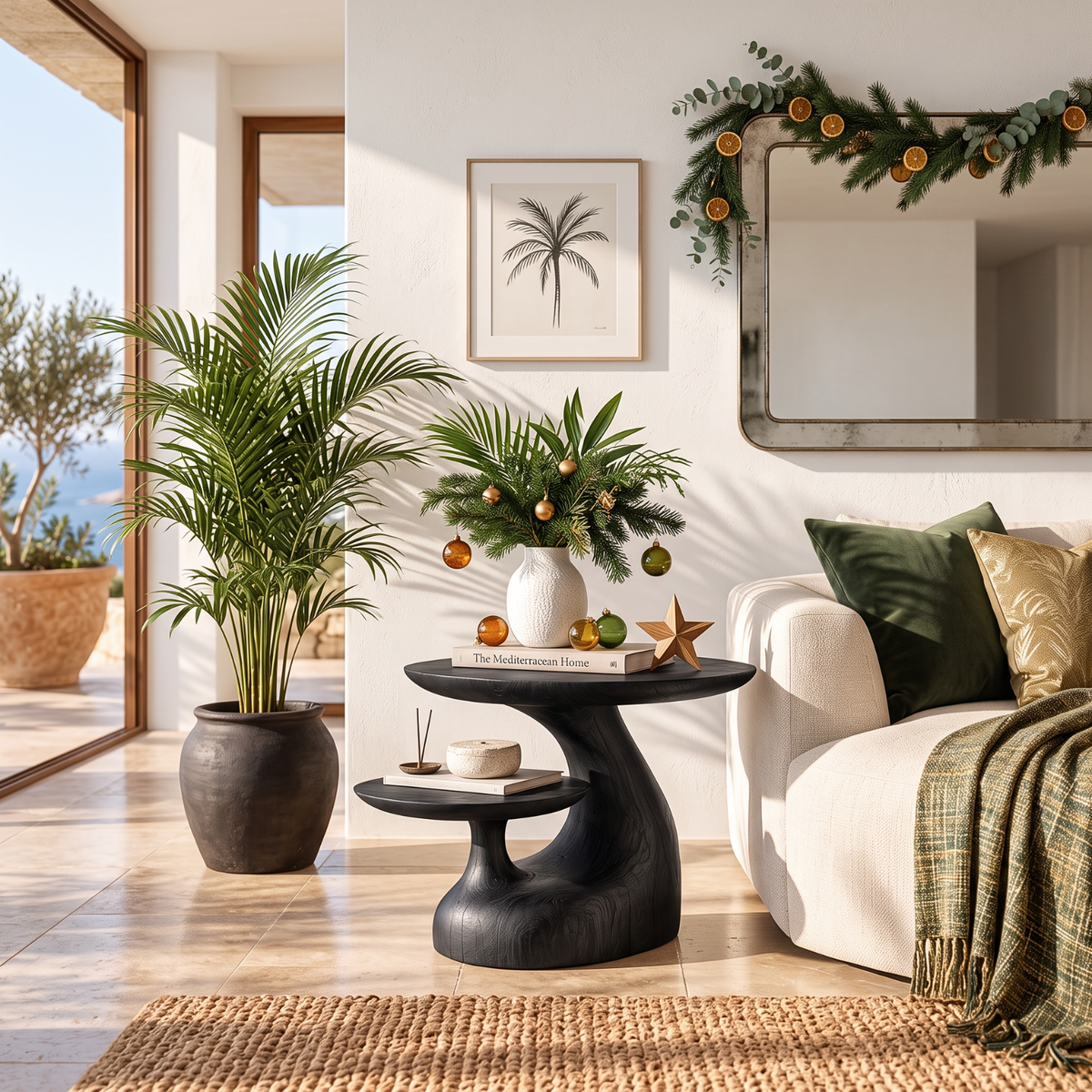 Handcrafted Solid Wood Side Table with Floating Shelf and Sculptural Curve Base