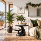 Handcrafted Solid Wood Side Table with Floating Shelf and Sculptural Curve Base