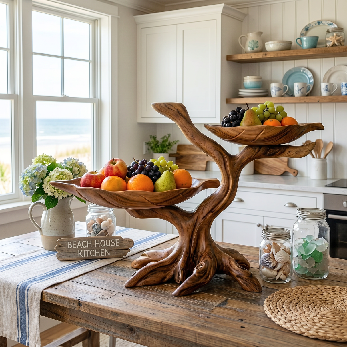 Solid Wood Two-Level Fruit Bowl Centerpiece with Organic Branch Sculpture Base