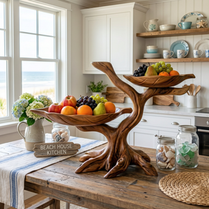 Solid Wood Two-Level Fruit Bowl Centerpiece with Organic Branch Sculpture Base