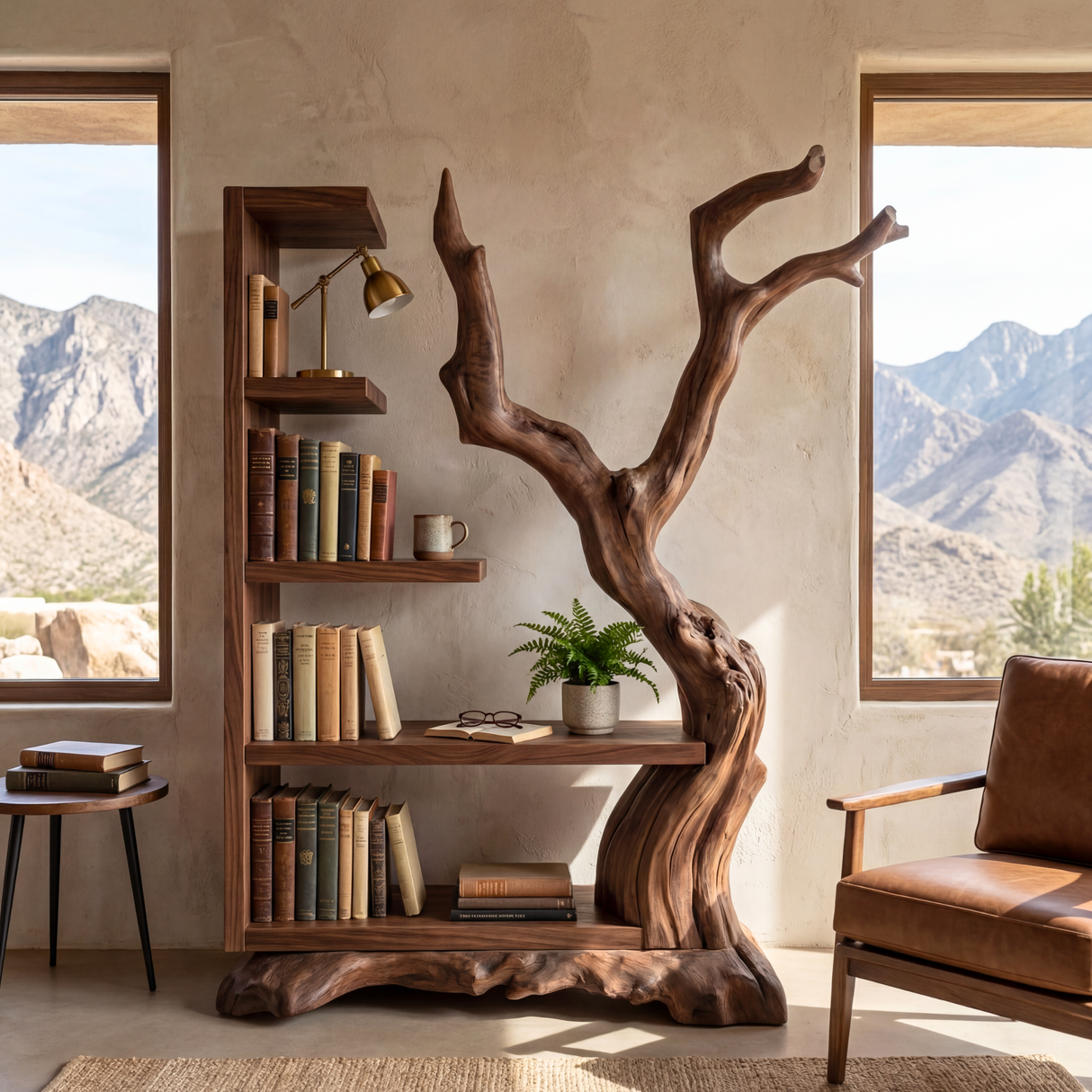 Tall Solid Wood Bookshelf with Sculptural Tree Form Organic Modern Display Shelf