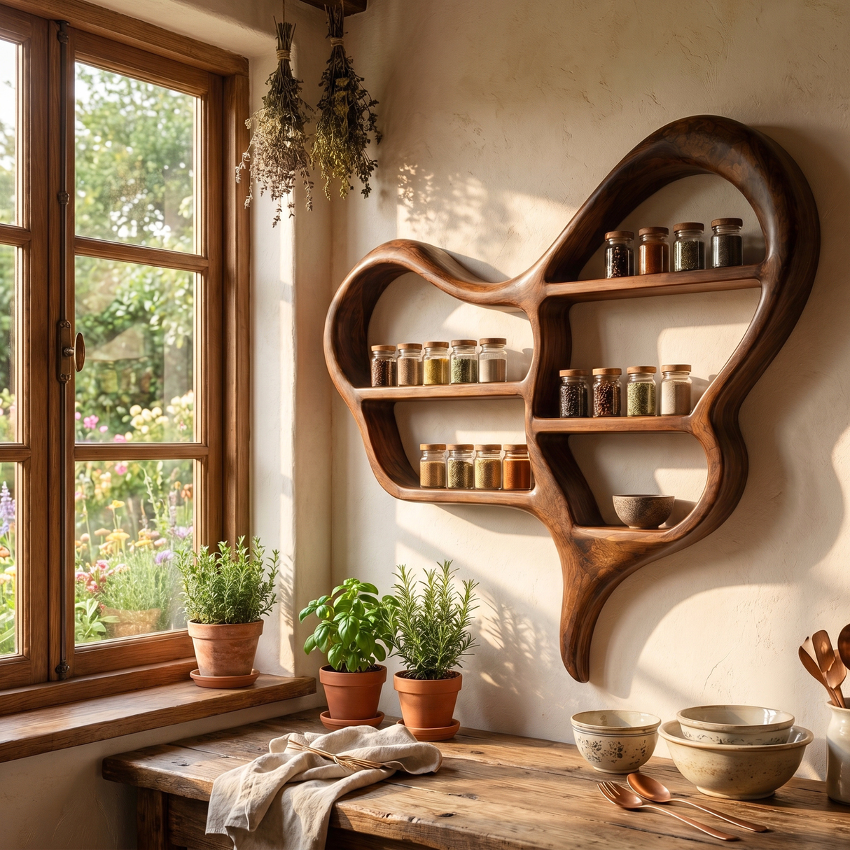 Organic Solid Wood Wall Spice Rack with Sculptural Open Shelf Design