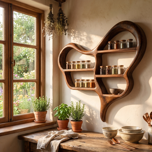 Organic Solid Wood Wall Spice Rack with Sculptural Open Shelf Design
