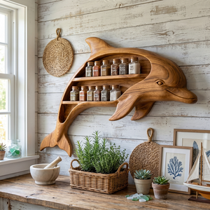 Handcrafted Dolphin-Shaped Wood Wall Spice Rack with Two Open Shelves for Kitchen