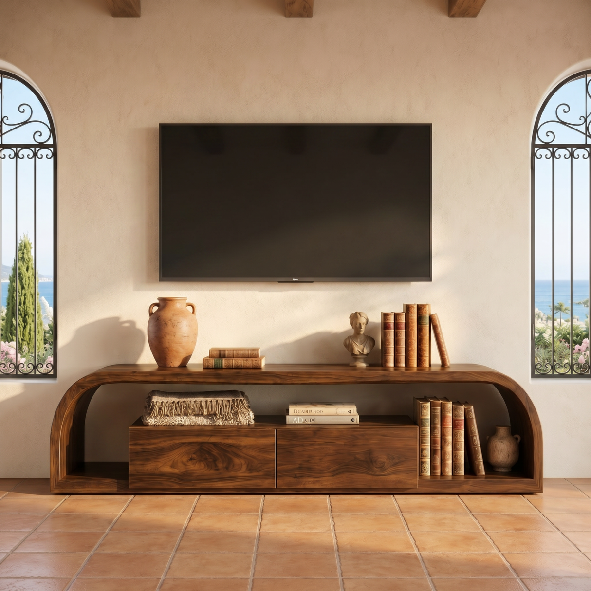 TV Console Solid Wood with Rounded Frame and Cabinet Storage for Living Room