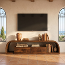 TV Console Solid Wood with Rounded Frame and Cabinet Storage for Living Room