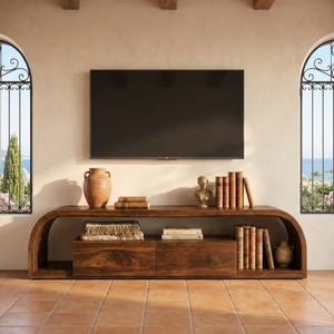 TV Console Solid Wood with Rounded Frame and Cabinet Storage for Living Room