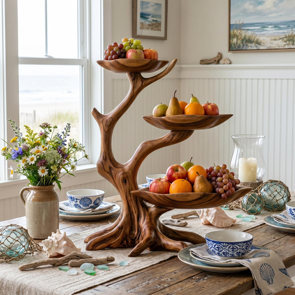 Three-Tier Sculptural Solid Wood Fruit Bowl with Organic Tree Branch Stand