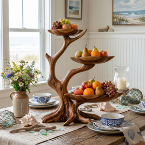 Three-Tier Sculptural Solid Wood Fruit Bowl with Organic Tree Branch Stand