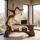 Sculptural Solid Wood Desk with Integrated Hanging Lamp and Shelf, Artistic Reading Nook Furniture