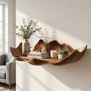 Handcrafted Solid Wood Bloom Tray Wall Shelf with Sculpted Petal Edge