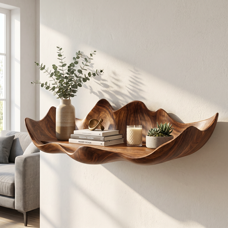 Handcrafted Solid Wood Bloom Tray Wall Shelf with Sculpted Petal Edge